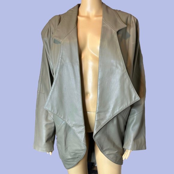 Prégo Unisex Leather Open Jackets Large L Green Collared Padded Shoulders - Picture 2 of 16